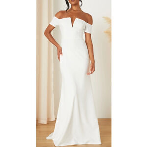 LULU'S SZ M Loveliest Aura White Off-the-Shoulder Mermaid Maxi Dress NEW B133